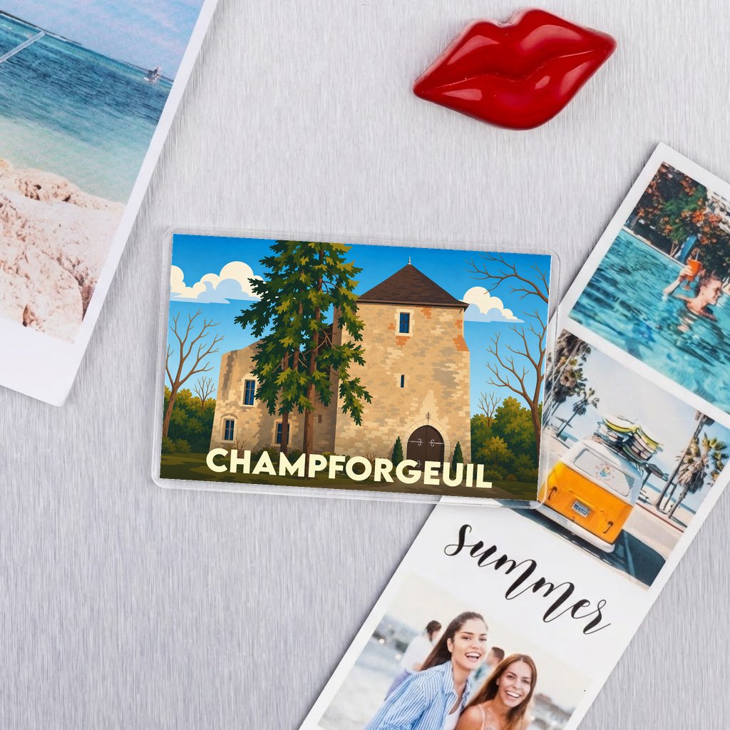Magnet souvenir de la ville de Champforgeuil avec une illustration stylisée de son patrimoine.