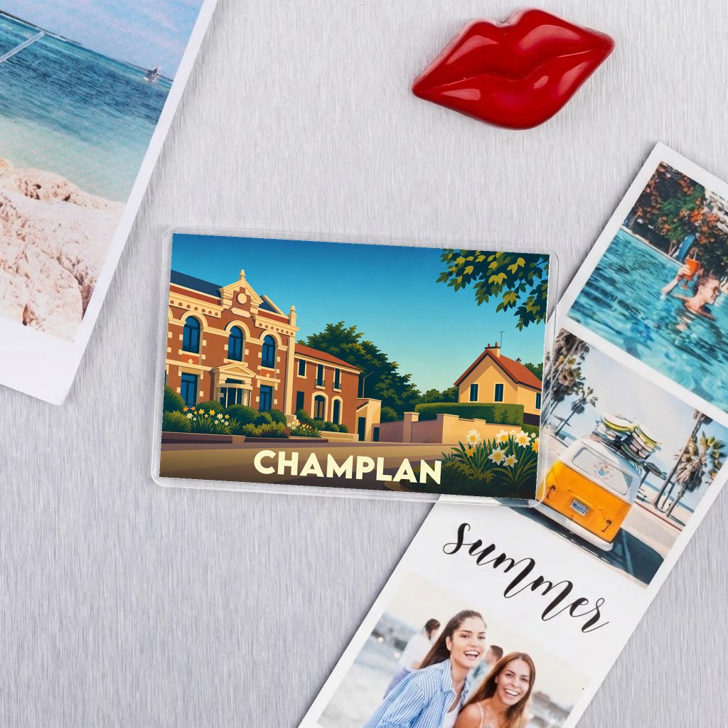 Magnet souvenir de la ville de Champlan avec une illustration colorée et stylisée.