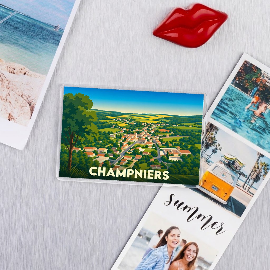 Magnet souvenir de la ville de Champniers avec une illustration stylisée de son paysage urbain et naturel.