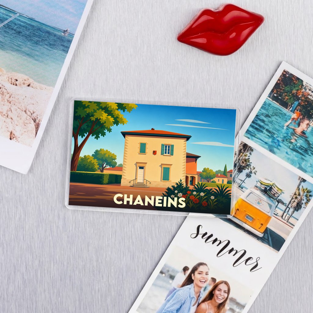 Magnet souvenir de la ville de Chaneins avec une illustration stylisée.