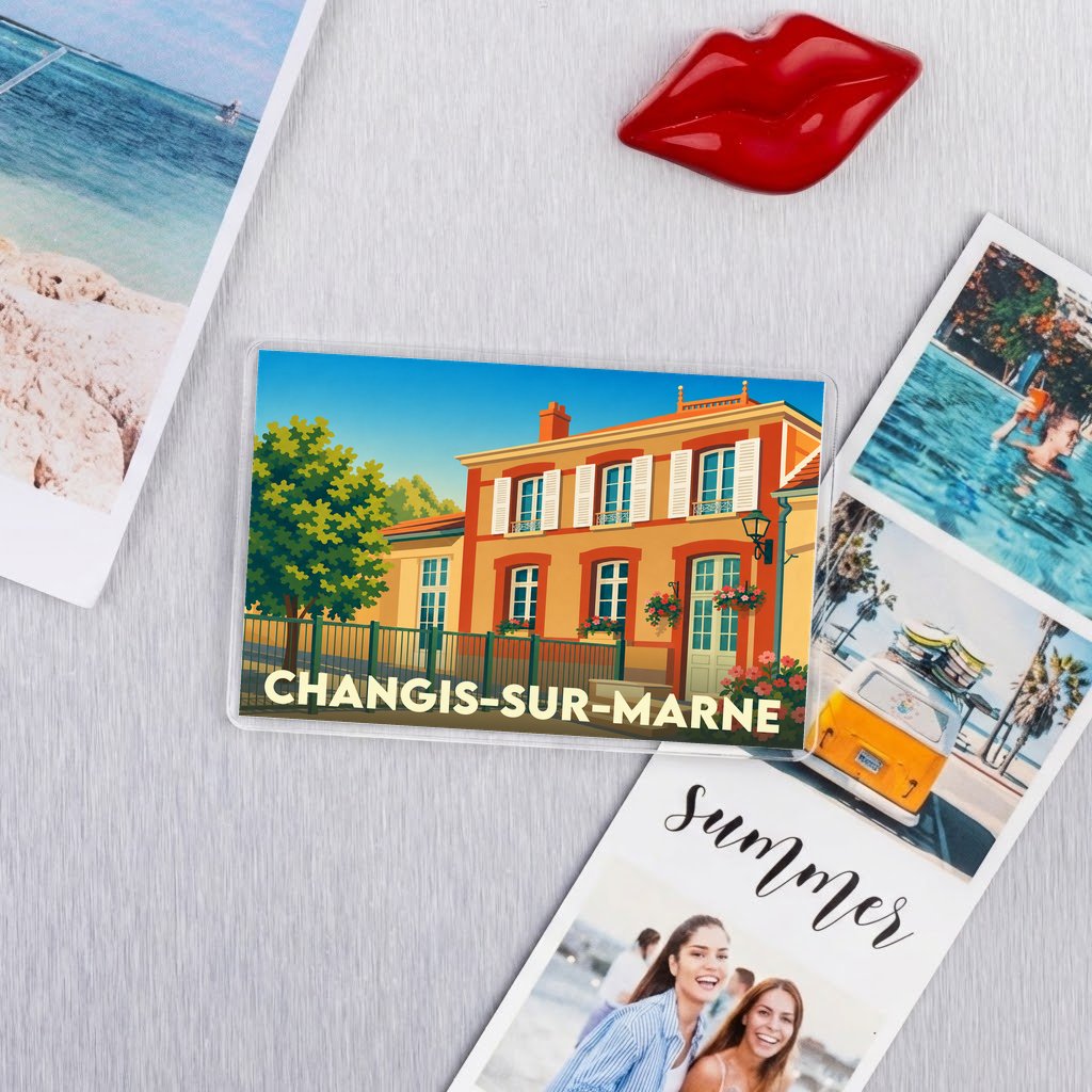 Magnet souvenir de la ville de Changis-sur-Marne avec une illustration stylisée d'une maison traditionnelle.