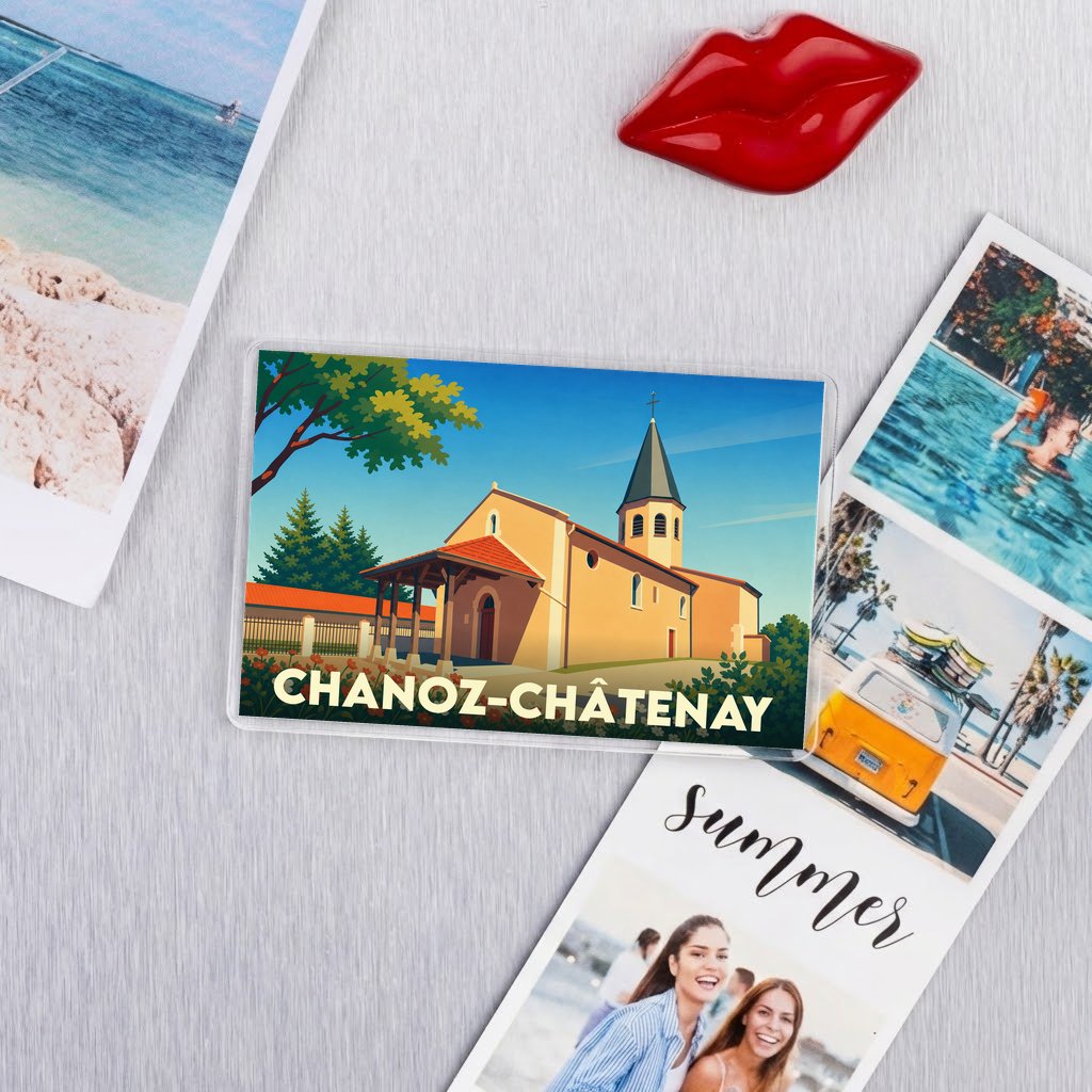 Magnet souvenir de la ville de Chanoz-Châtenay avec une illustration stylisée de son église.