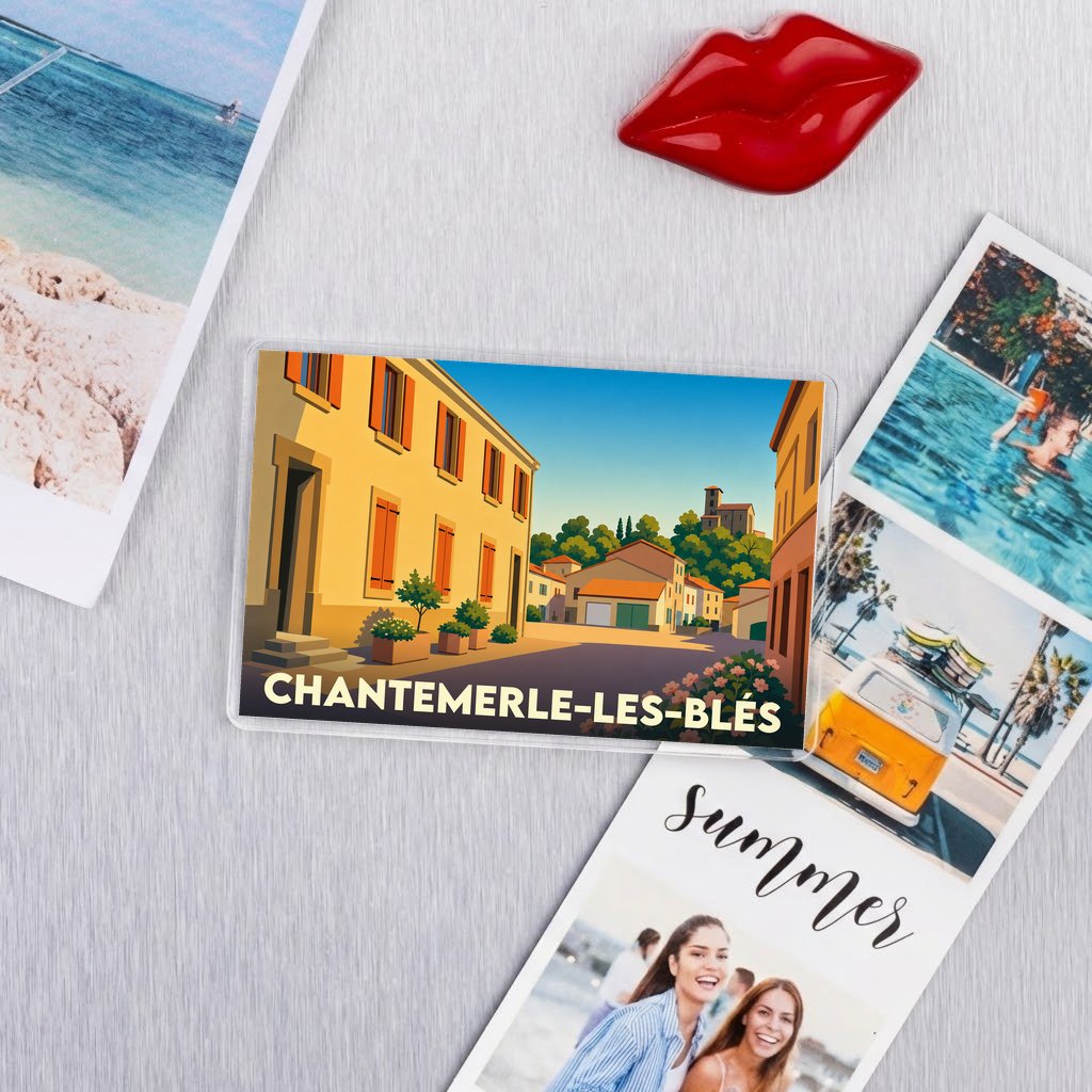 Magnet souvenir de la ville de Chantemerle-les-Blés avec une illustration stylisée.