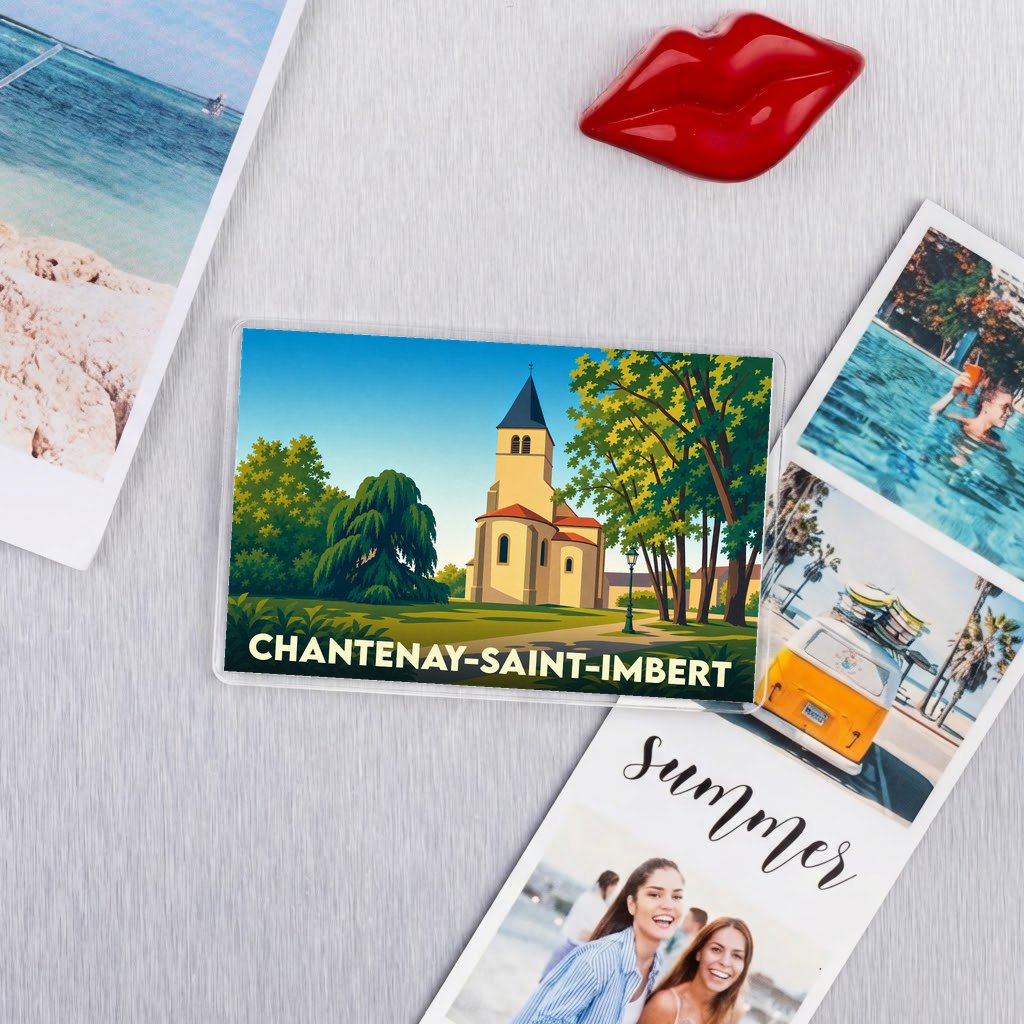 Magnet souvenir de la ville de Chantenay-Saint-Imbert avec une illustration stylisée de son église.