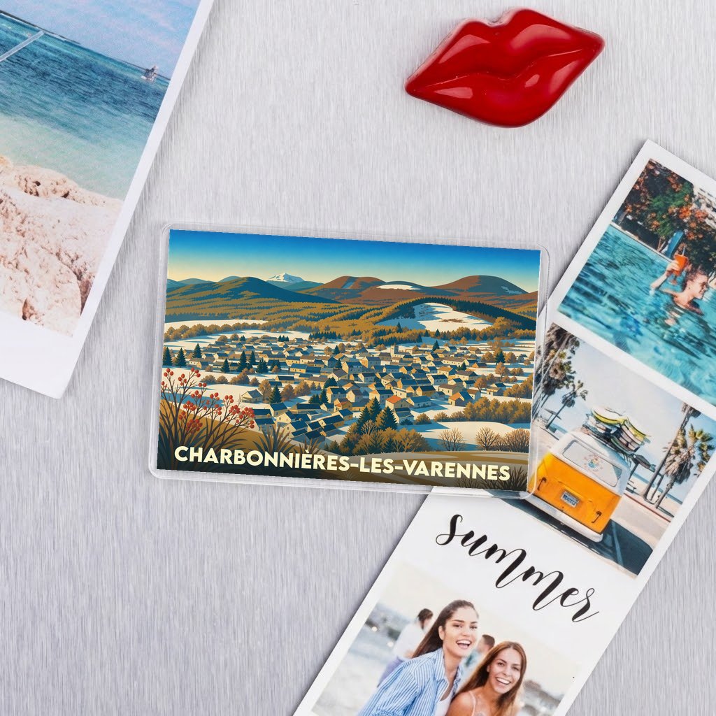 Magnet souvenir de la ville de Charbonnières-les-Varennes avec une illustration stylisée d'un village de montagne sous la neige.