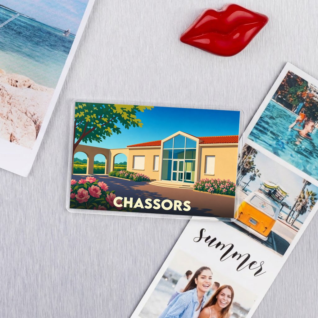 Magnet souvenir de la ville de Chassors avec une illustration stylisée et colorée.