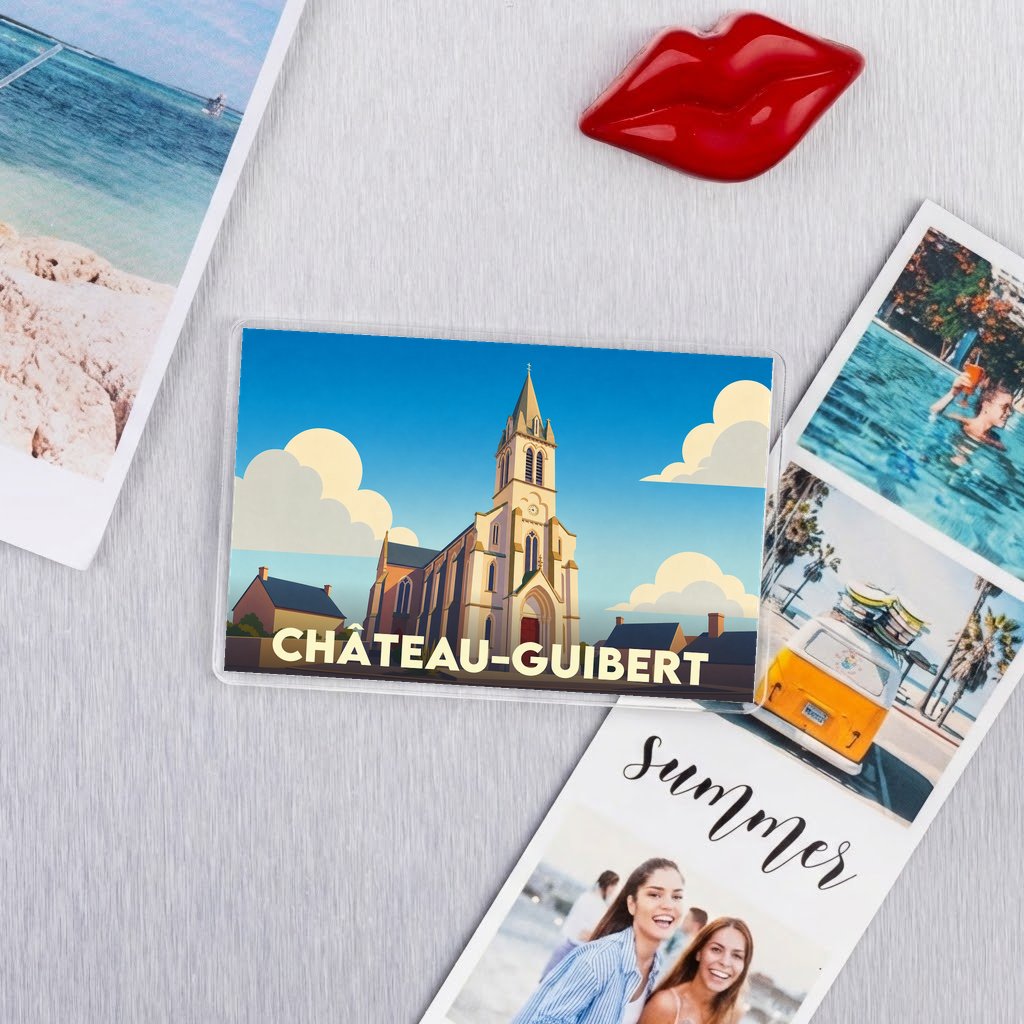 Magnet souvenir de la ville de Château-Guibert avec une illustration stylisée de son église.