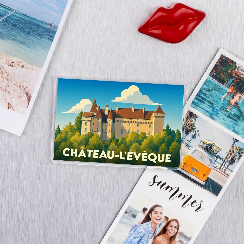 Magnet souvenir de la ville de Château-l'Évêque avec une illustration stylisée du château.