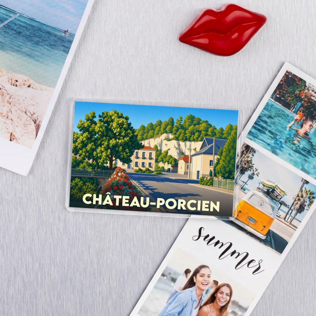 Magnet souvenir de la ville de Château-Porcien avec une illustration stylisée.