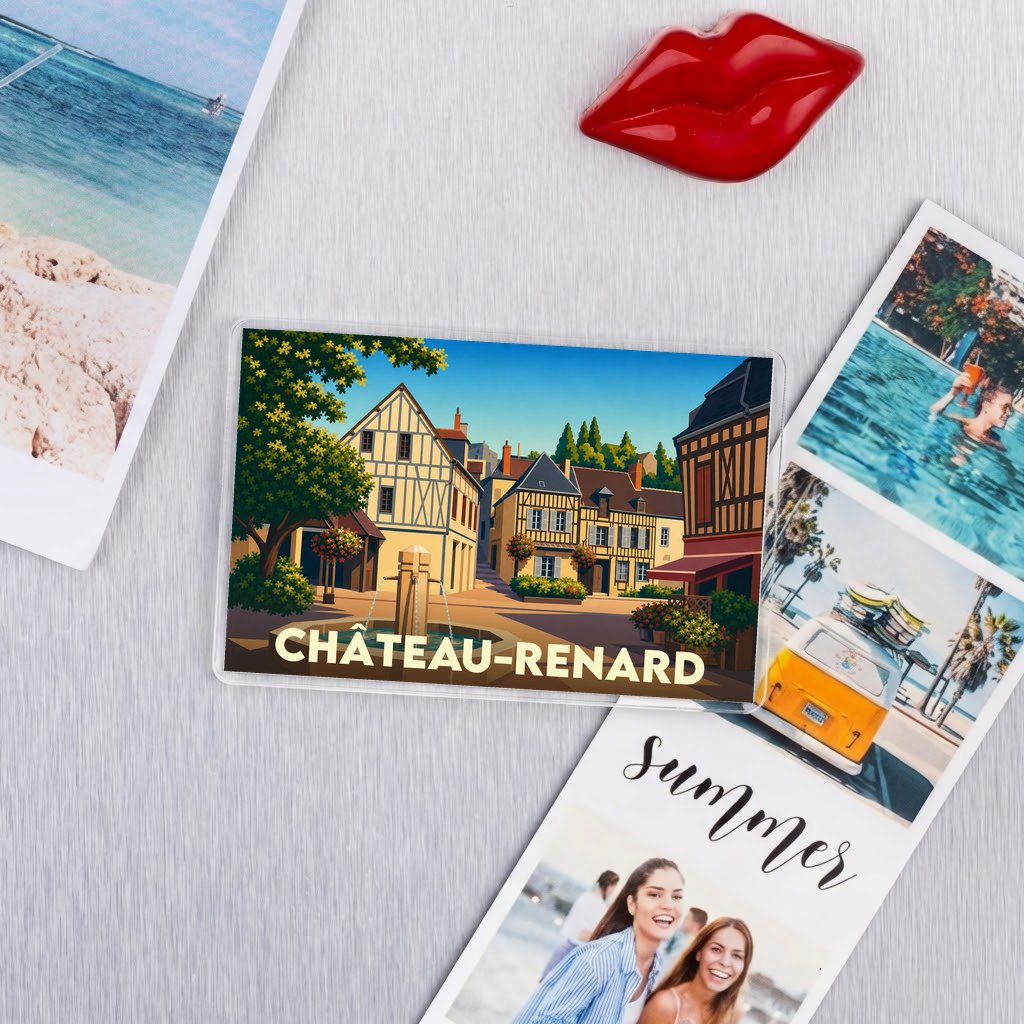 Magnet souvenir de la ville de Château-Renard avec une illustration stylisée.