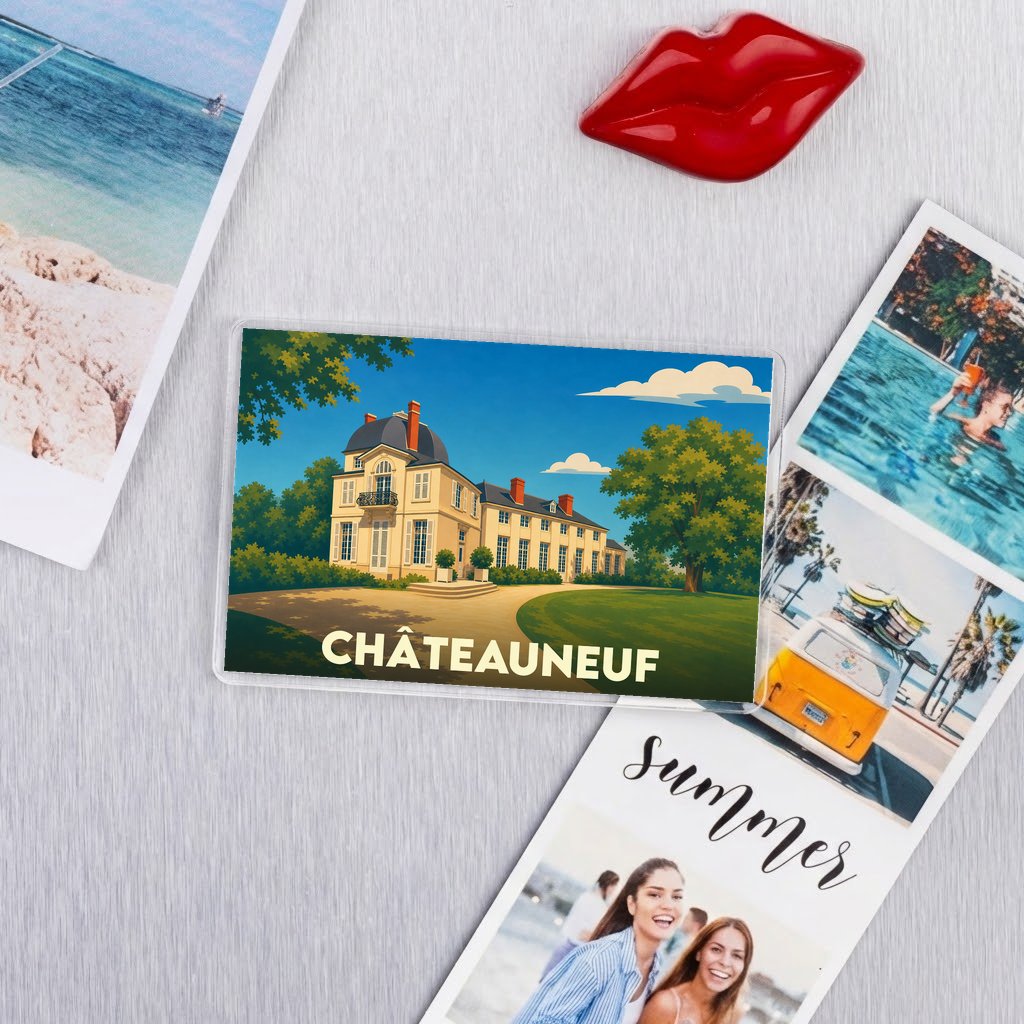 Magnet souvenir de la ville de Châteauneuf avec une illustration stylisée d'un château.