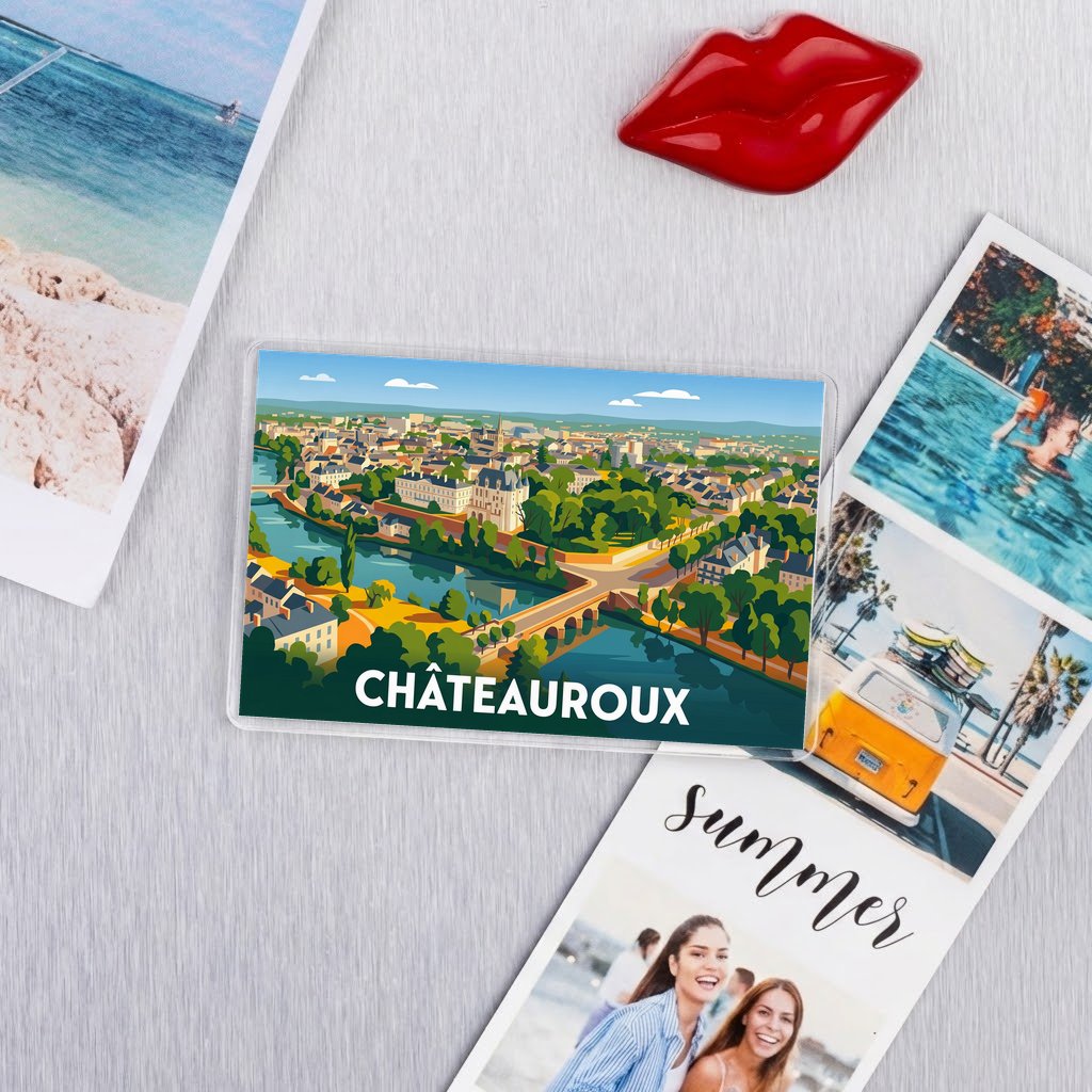 Magnet souvenir de la ville de Châteauroux avec une illustration stylisée.