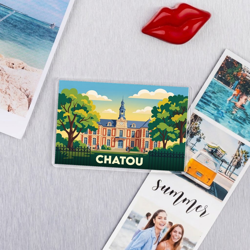 Magnet souvenir de la ville de Chatou avec une illustration stylisée de sa mairie.