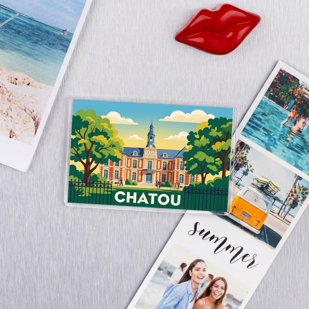 Magnet souvenir de la ville de Chatou avec une illustration stylisée de sa mairie.