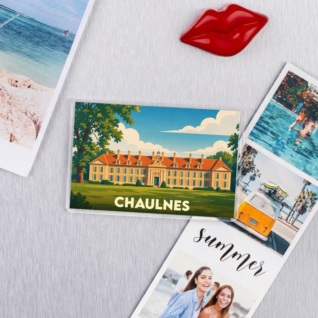 Magnet souvenir de la ville de Chaulnes avec une illustration stylisée d'un bâtiment historique.