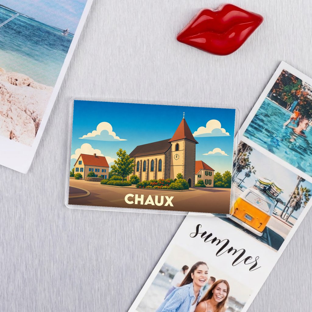 Magnet souvenir de la ville de Chaux avec une illustration stylisée de son église.