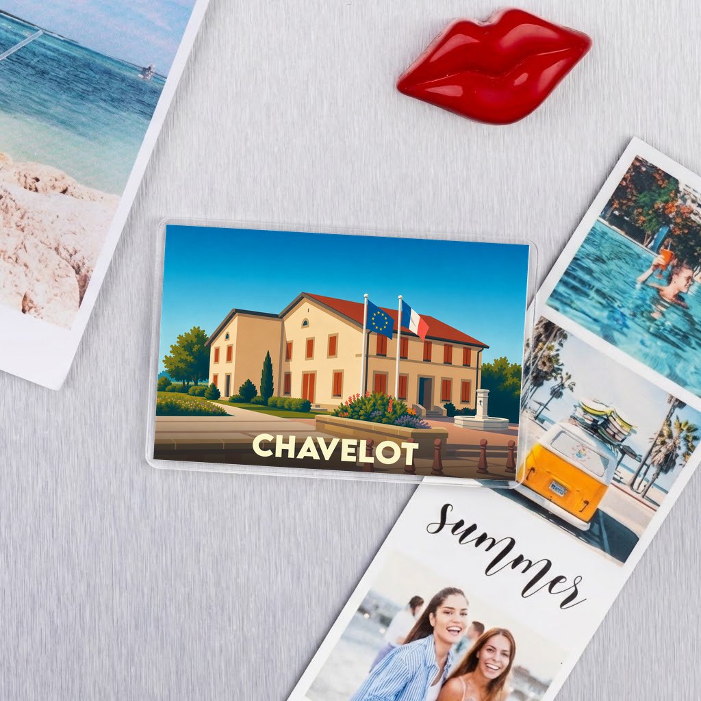 Magnet souvenir de la ville de Chavelot avec une illustration stylisée de sa mairie.