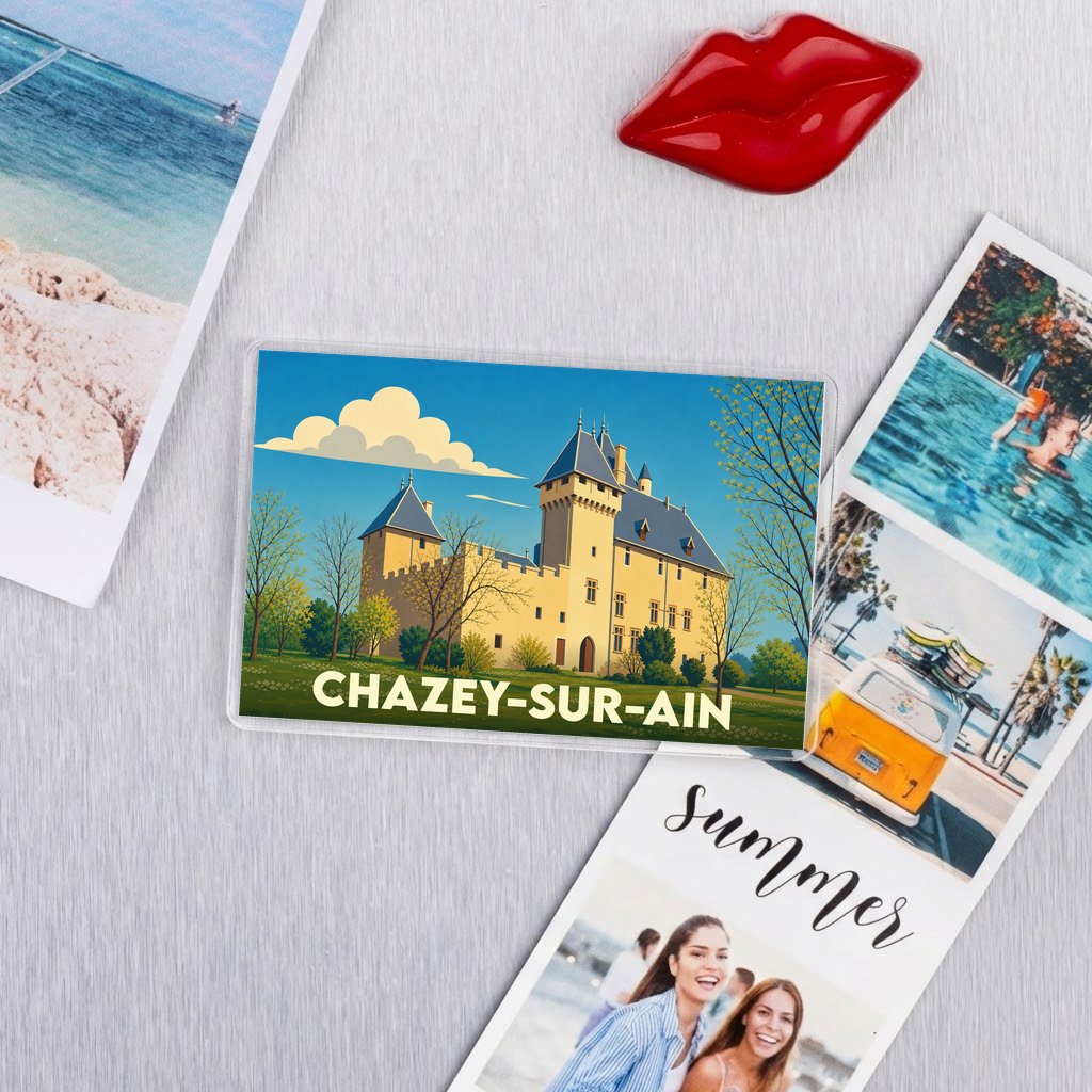 Magnet souvenir de la ville de Chazey-sur-Ain avec une illustration stylisée de son château.