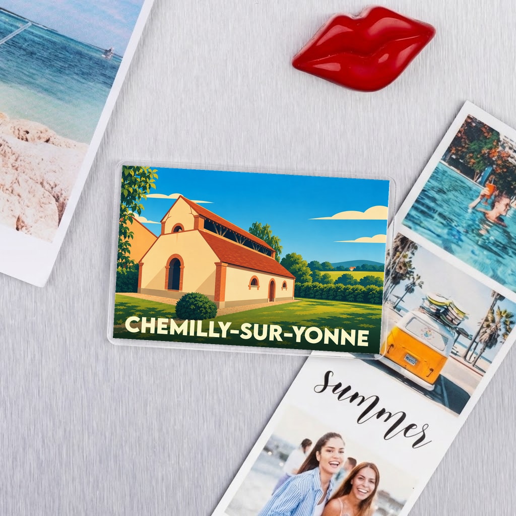 Magnet souvenir de la ville de Chemilly-sur-Yonne avec une illustration stylisée de son église.