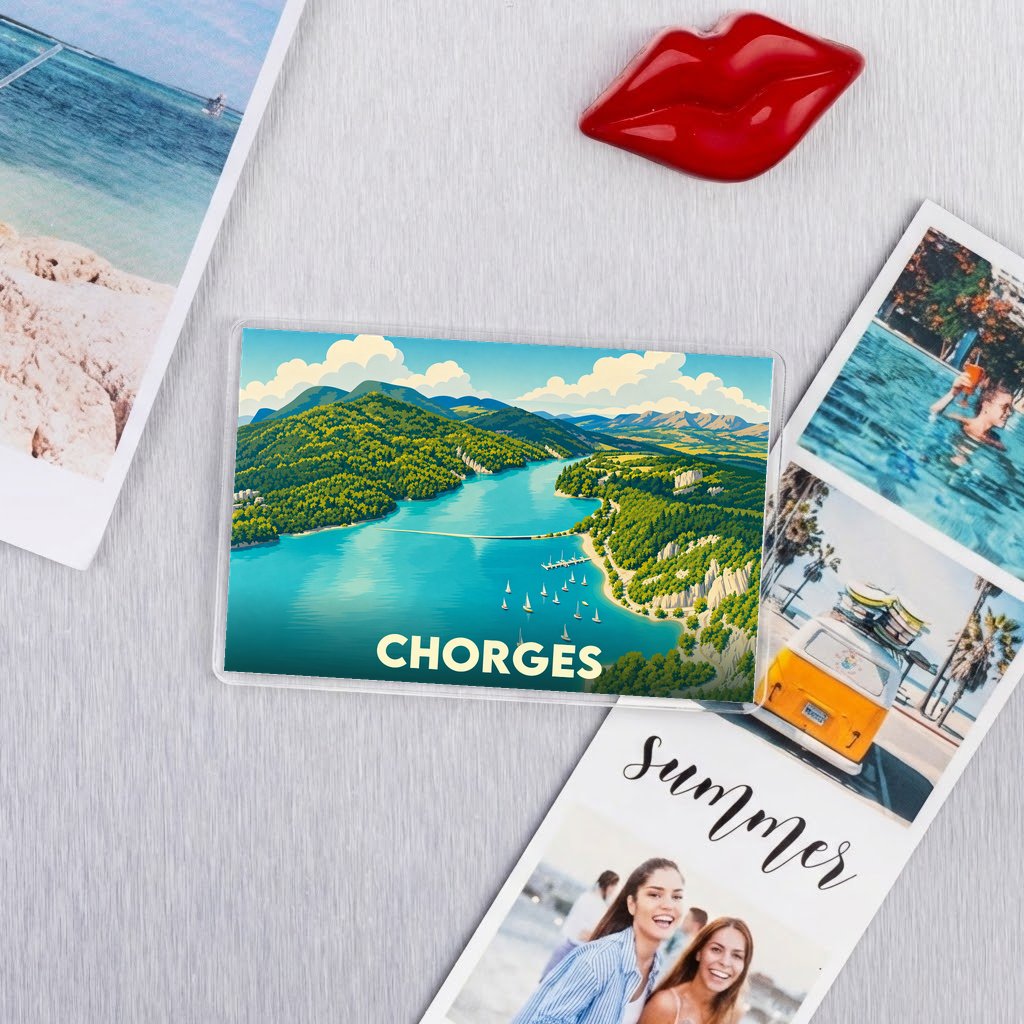 Magnet souvenir de la ville de Chorges illustrant un lac de montagne sous un ciel ensoleillé.