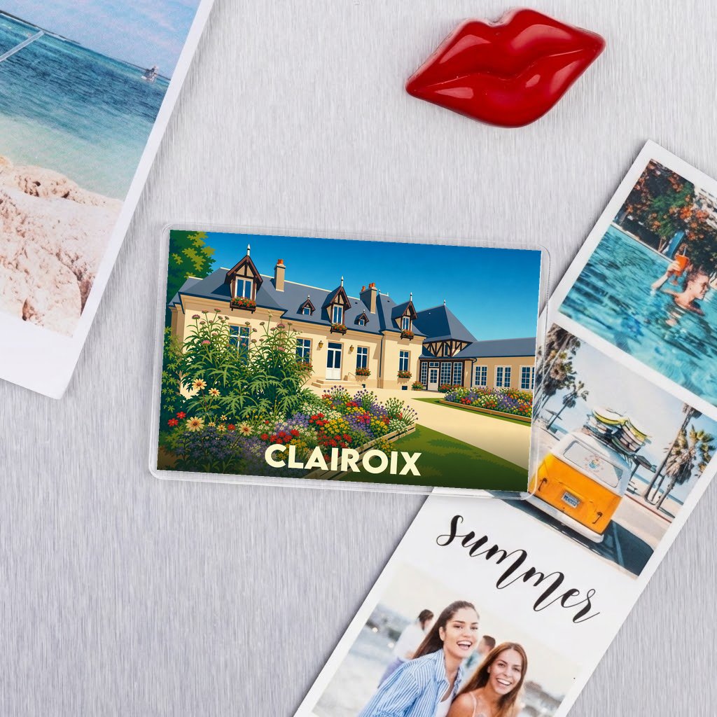Magnet souvenir de la ville de Clairoix avec une illustration stylisée d'un manoir fleuri.