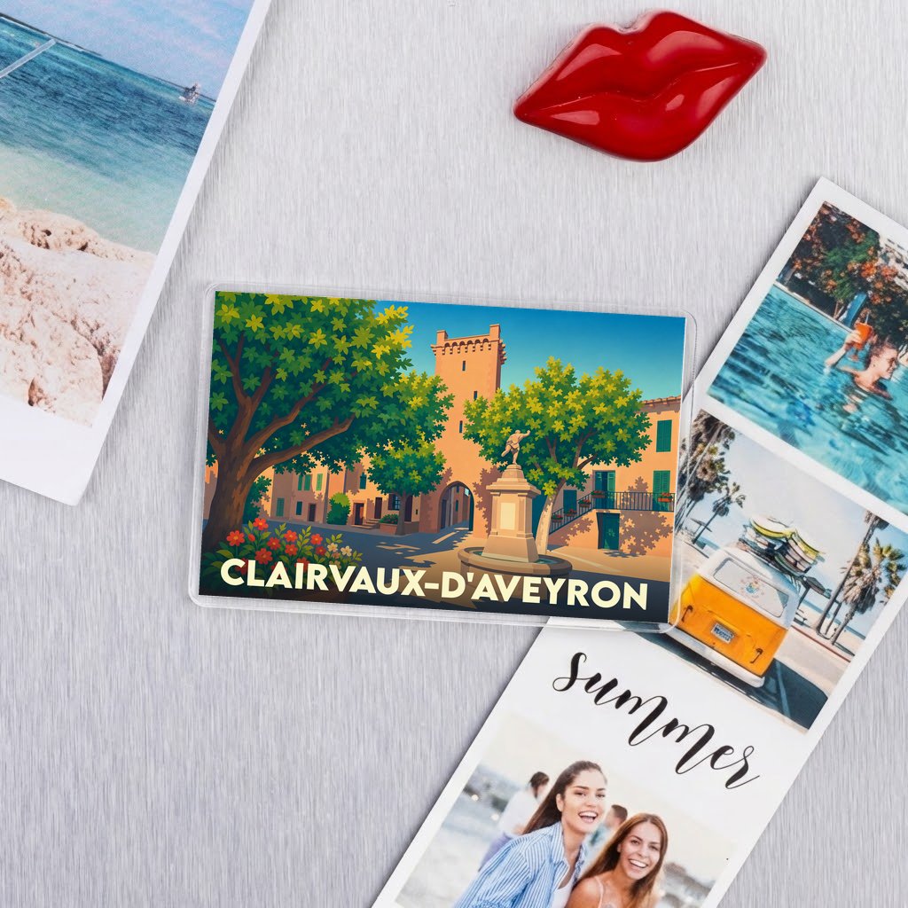 Magnet souvenir de la ville de Clairvaux-d'Aveyron avec une illustration stylisée.