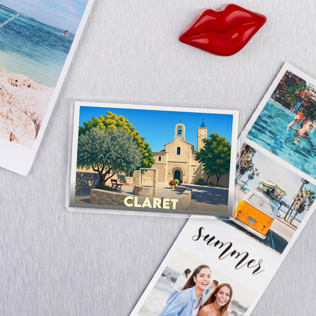 Magnet souvenir de la ville de Claret avec une illustration stylisée d'une église et d'oliviers.