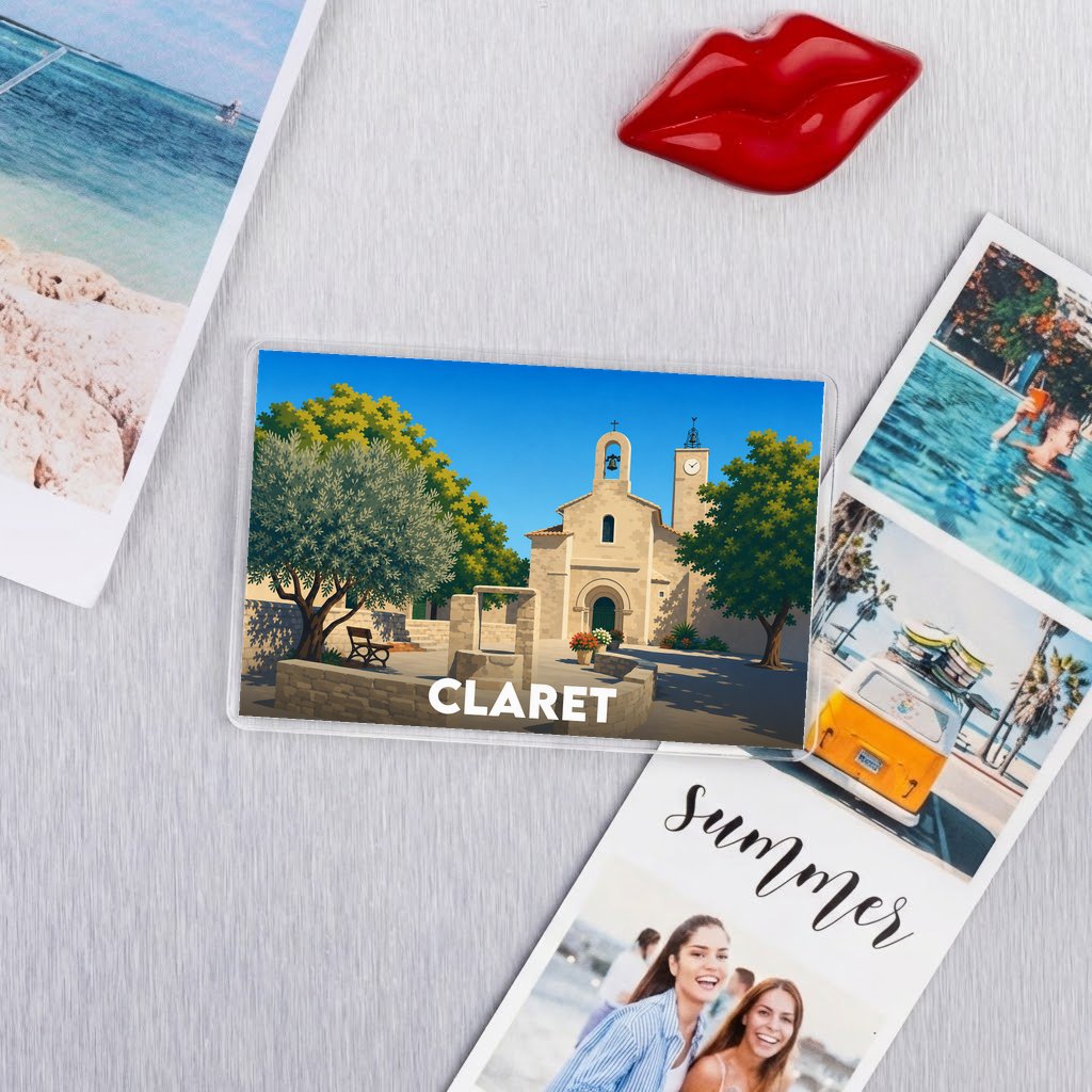Magnet souvenir de la ville de Claret avec une illustration stylisée d'une église sous le soleil.