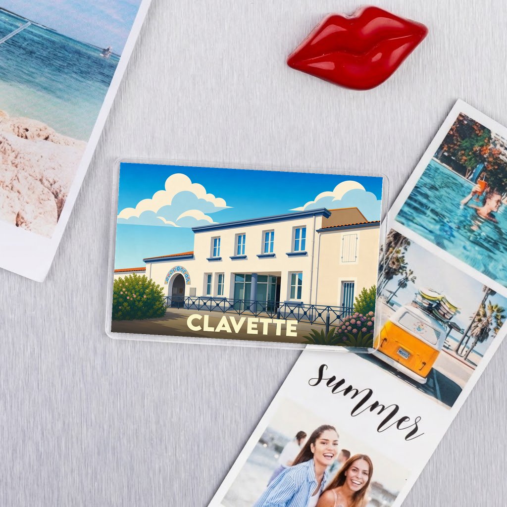 Magnet souvenir de la ville de Clavette avec une illustration stylisée d'un bâtiment typique.