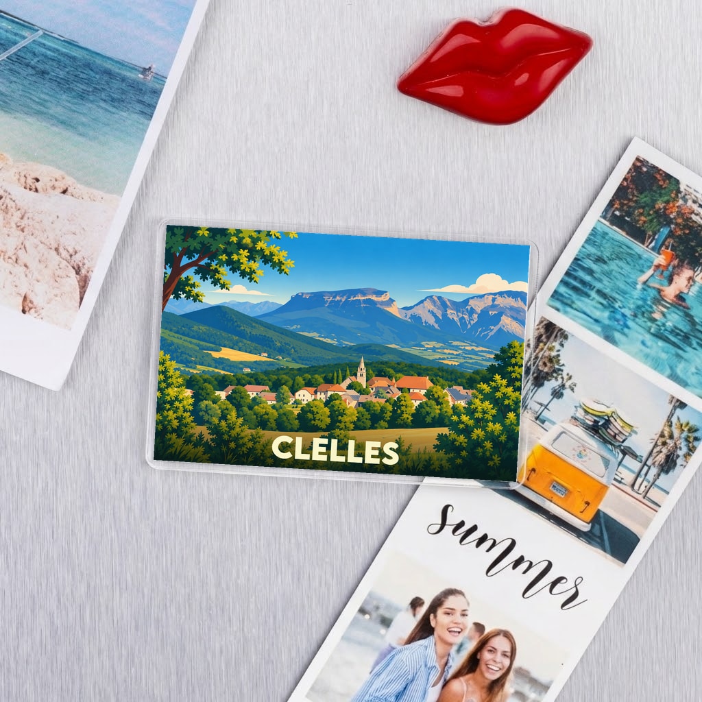 Magnet souvenir de la ville de Clelles avec une illustration stylisée de son paysage montagneux.