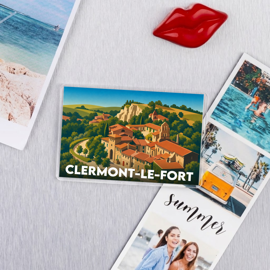 Magnet souvenir de la ville de Clermont-le-Fort avec une illustration stylisée du village.