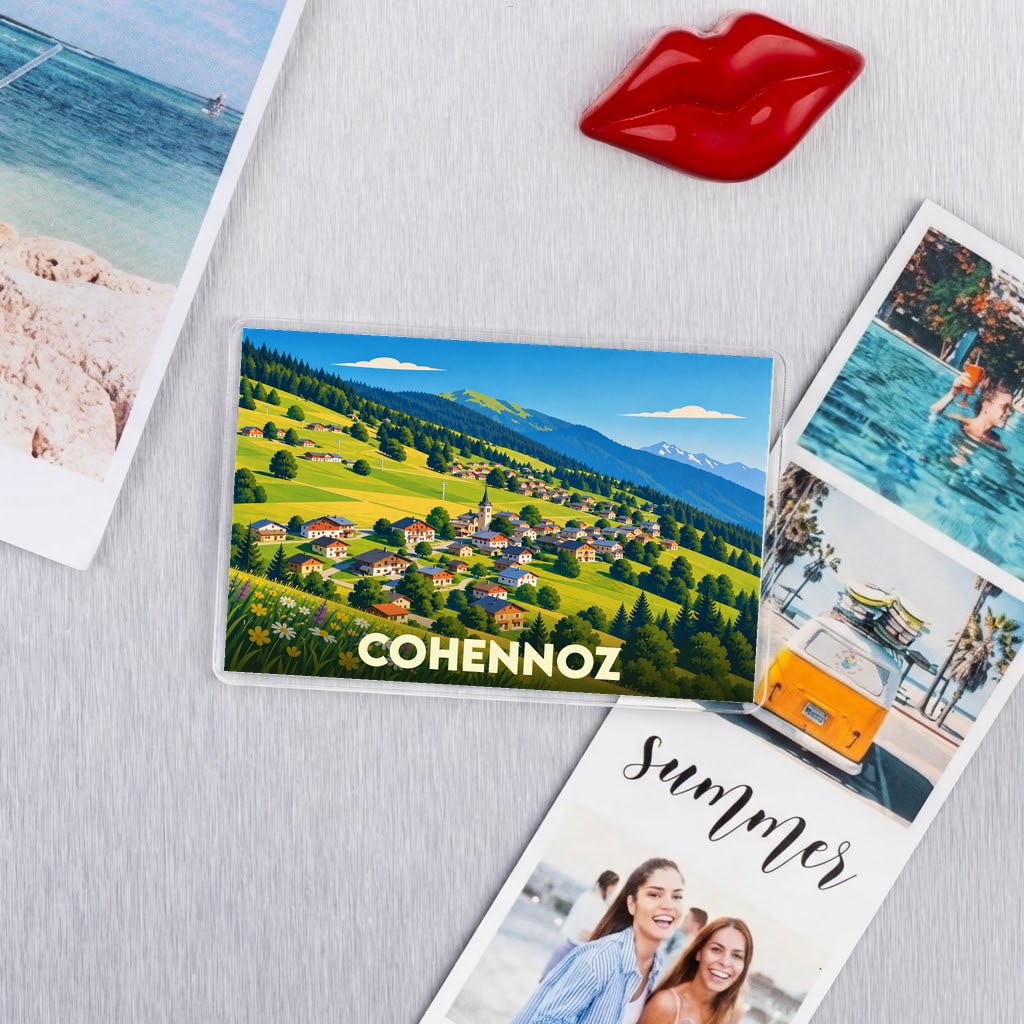 Magnat souvenir de la ville de Cohennoz avec une illustration stylisée d'un village de montagne.