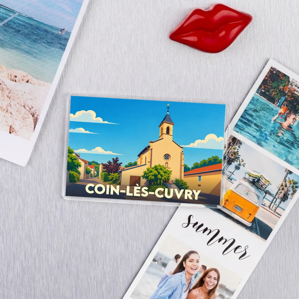 Magnet souvenir de la ville de Coin-lès-Cuvry avec une illustration stylisée de son église.