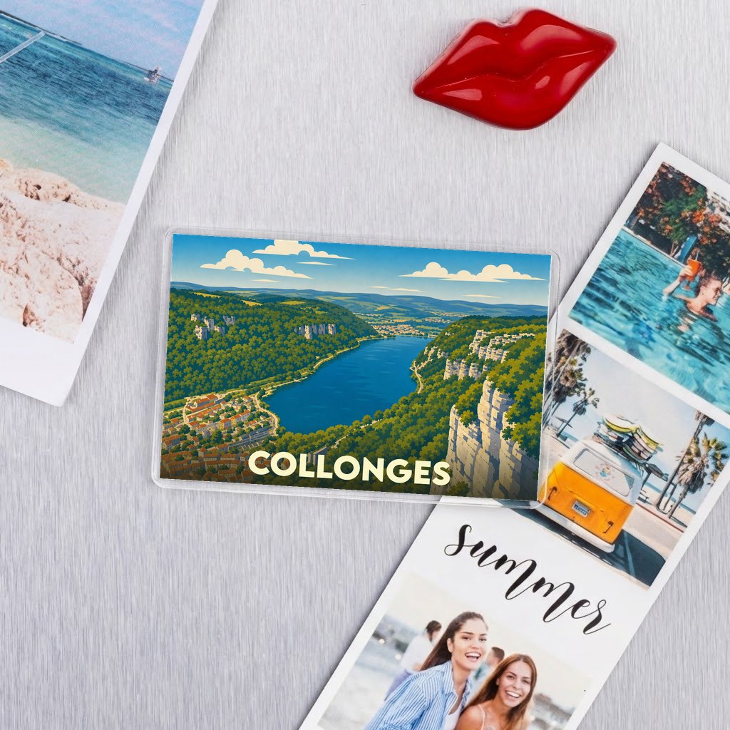 Magnet souvenir de la ville de Collonges avec une illustration stylisée de son paysage fluvial.