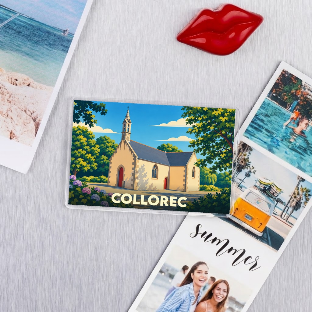 Magnet souvenir de la ville de Collorec avec une illustration stylisée d'une église.