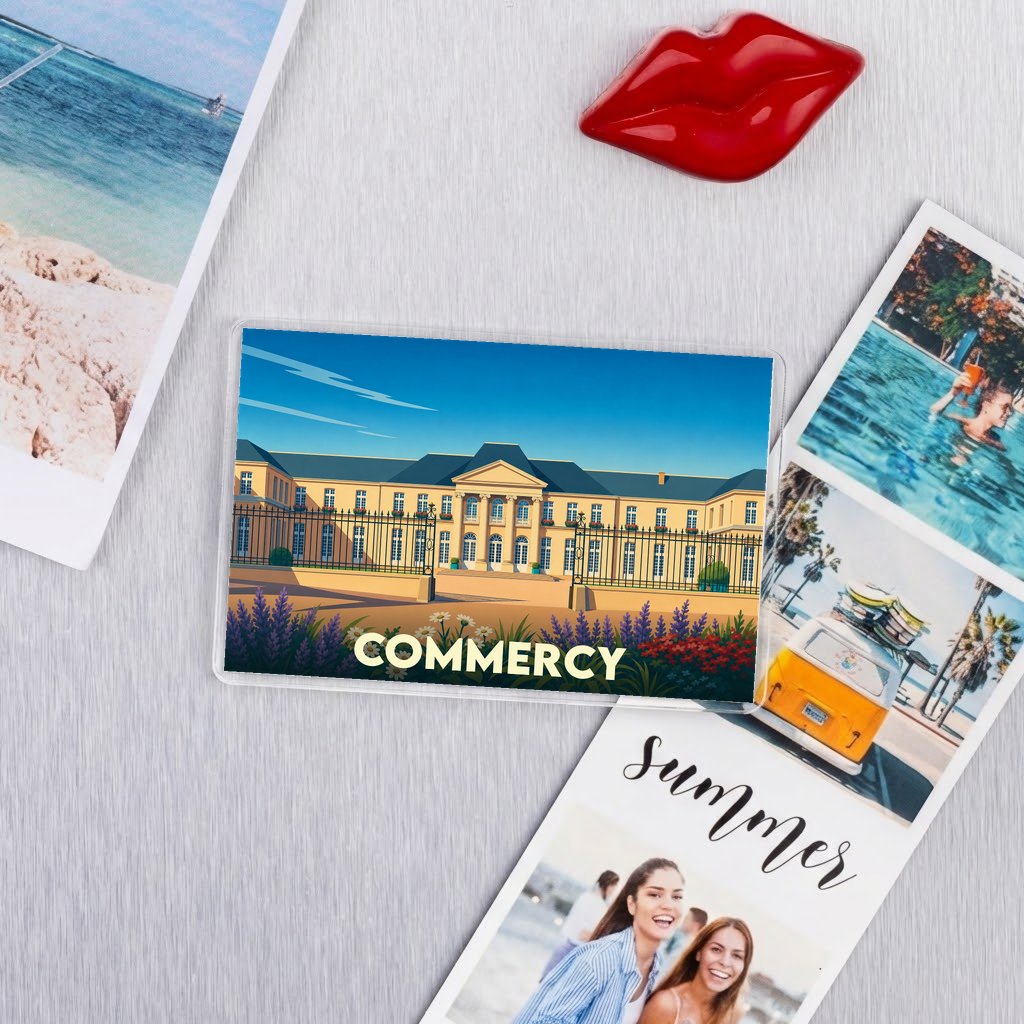 Magnet souvenir de la ville de Commercy avec une illustration stylisée du château Stanislas.