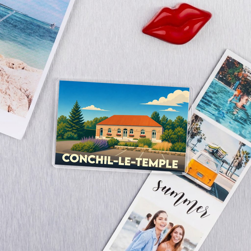 Magnet souvenir de la ville de Conchil-le-Temple avec une illustration stylisée d'un bâtiment sous un ciel ensoleillé.