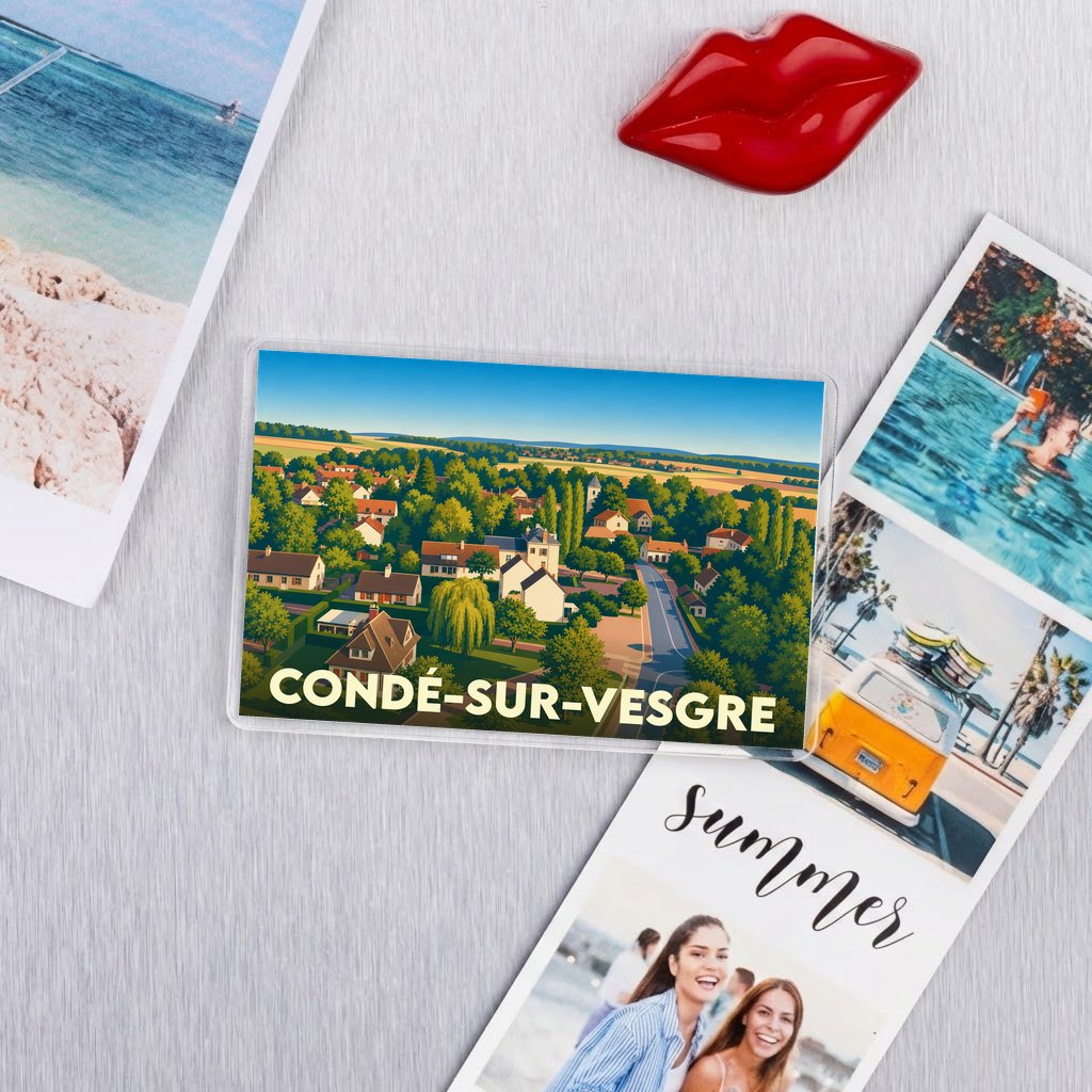 Magnet souvenir de la ville de Condé-sur-Vesgre avec une illustration stylisée.