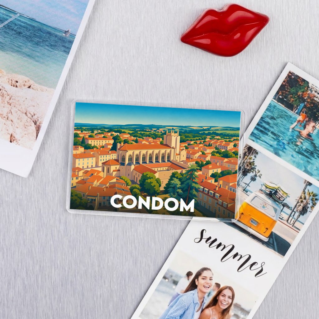 Magnet souvenir de la ville de Condom avec une illustration stylisée.