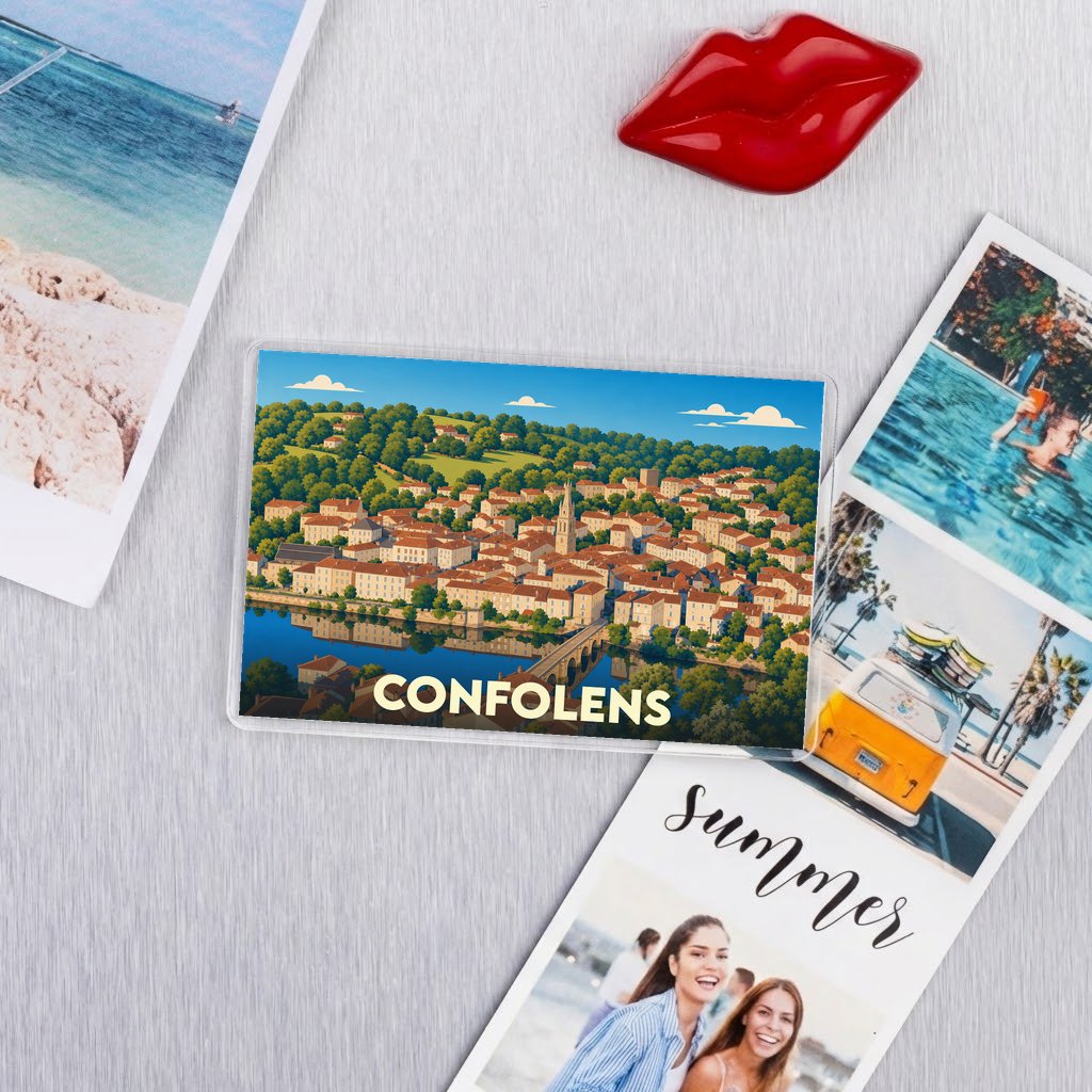 Magnet souvenir de la ville de Confolens avec une illustration stylisée.