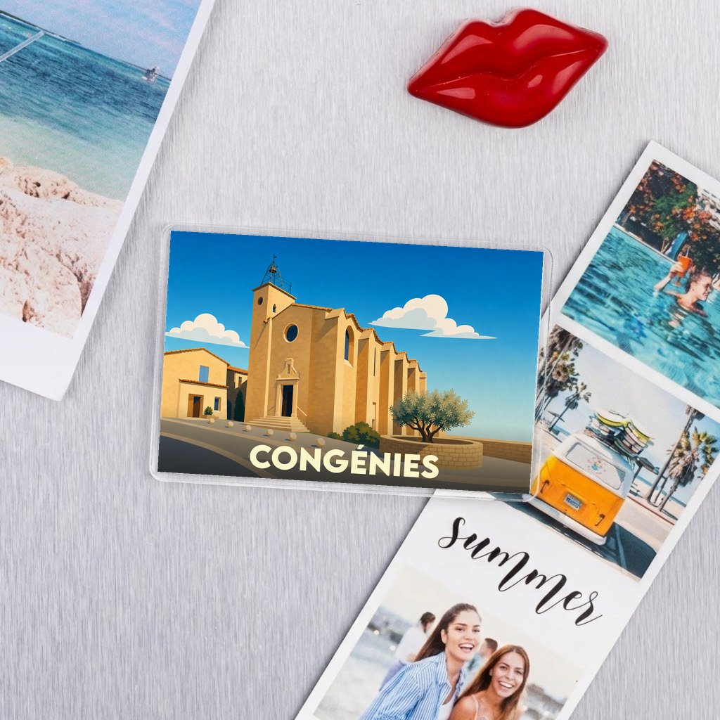 Magnet souvenir de la ville de Congénies avec une illustration stylisée de son église.