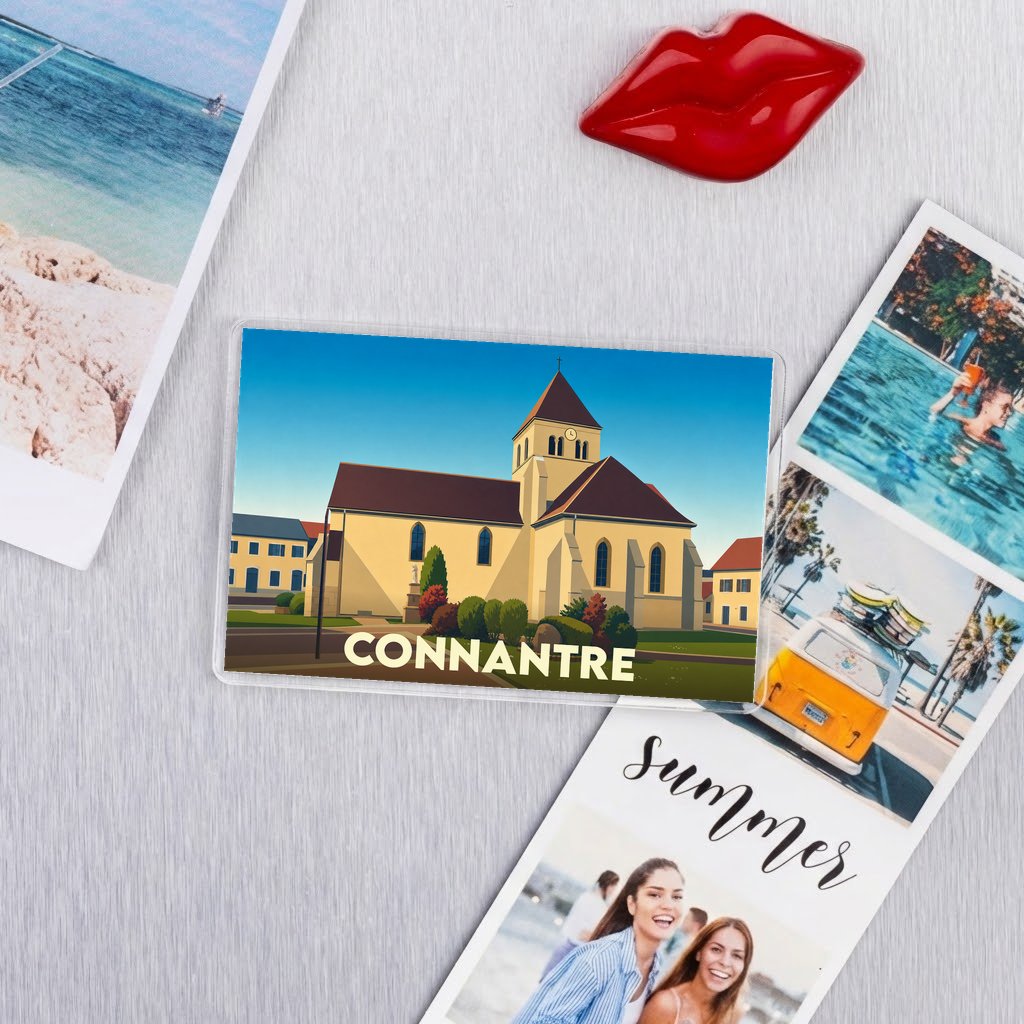 Magnet souvenir de la ville de Connantre avec une illustration stylisée de son église.
