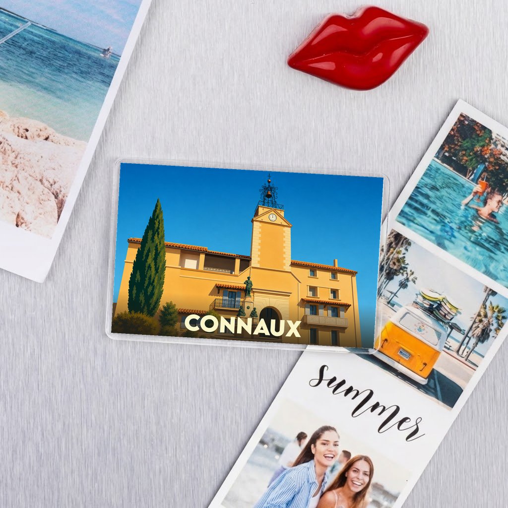 Magnet souvenir de la ville de Connaux avec une illustration stylisée.