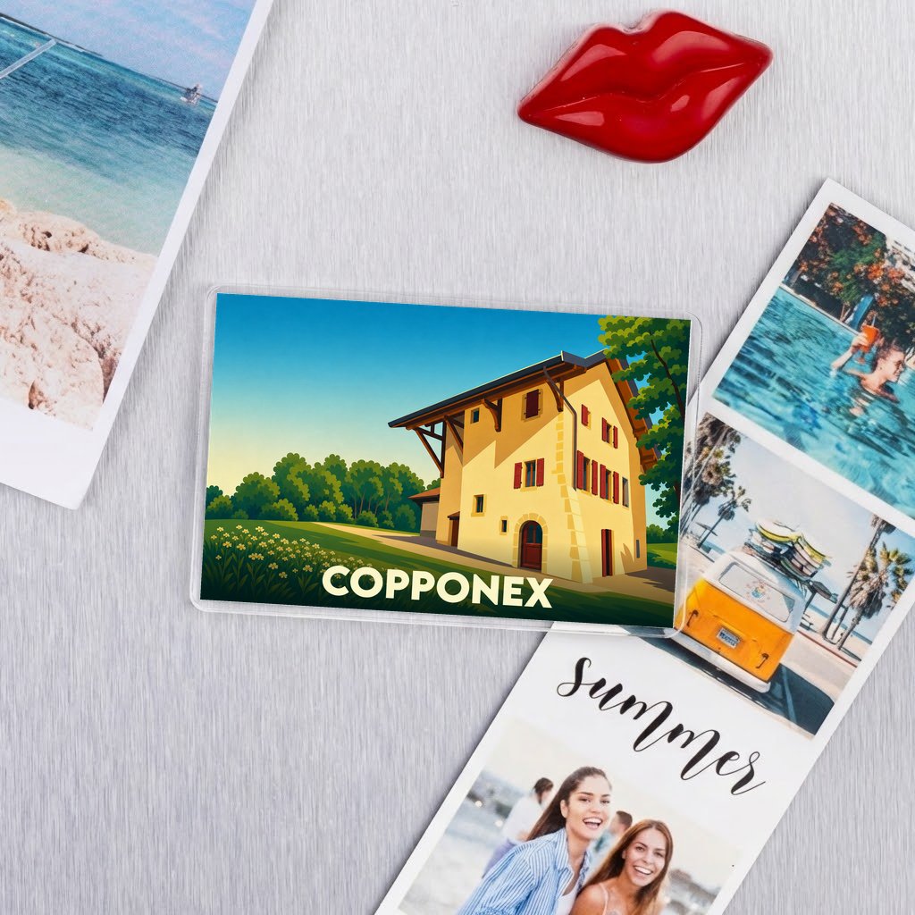 Magnet souvenir de la ville de Copponex avec une illustration stylisée d'une maison traditionnelle.