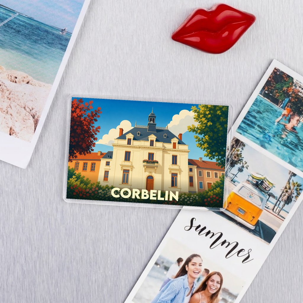 Magnet souvenir de la ville de Corbelin avec une illustration stylisée d'un bâtiment historique.