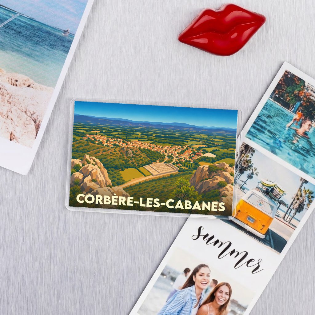 Magnet souvenir de la ville de Corbère-les-Cabanes avec une illustration panoramique stylisée.