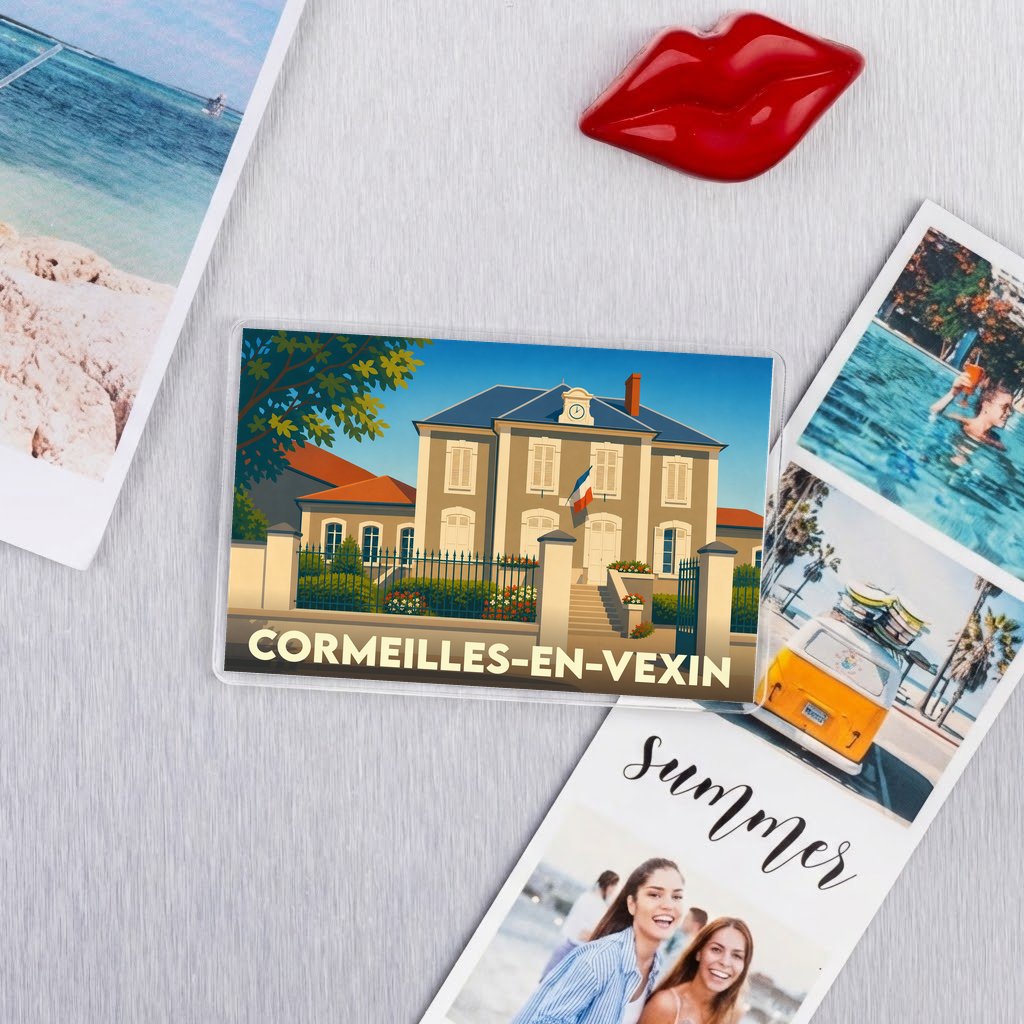 Magnet souvenir de la ville de Cormeilles-en-Vexin avec une illustration stylisée de sa mairie.