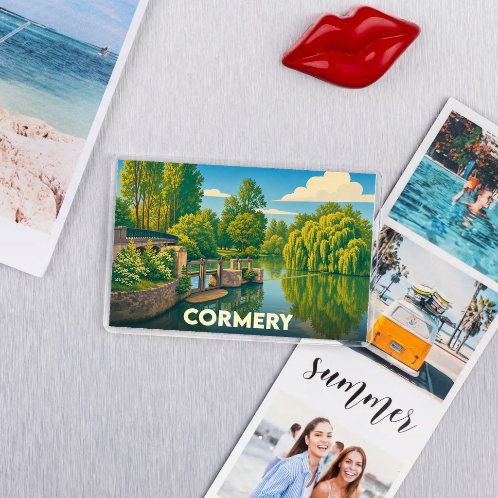 Magnet souvenir de la ville de Cormery avec une illustration stylisée d'un paysage verdoyant au bord de l'eau.