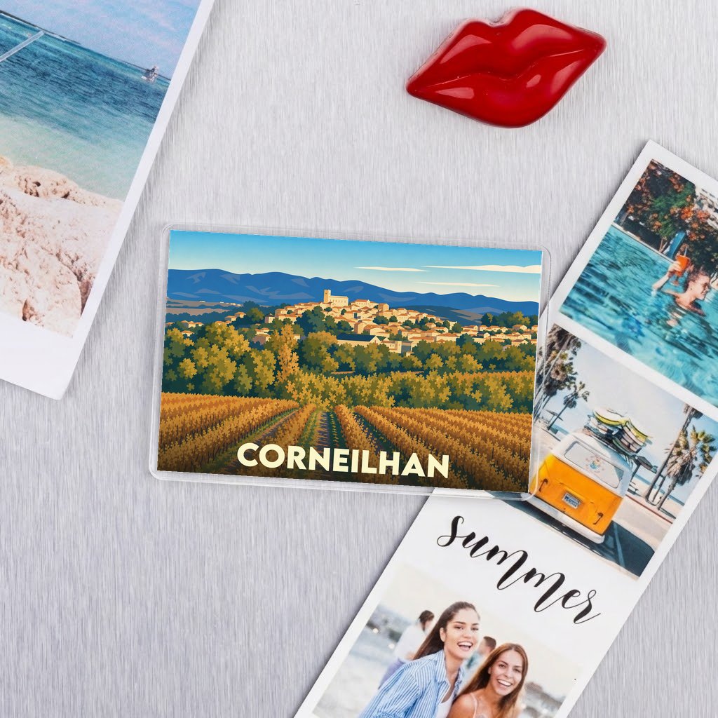 Magnet souvenir de la ville de Corneilhan avec une illustration stylisée de ses paysages.