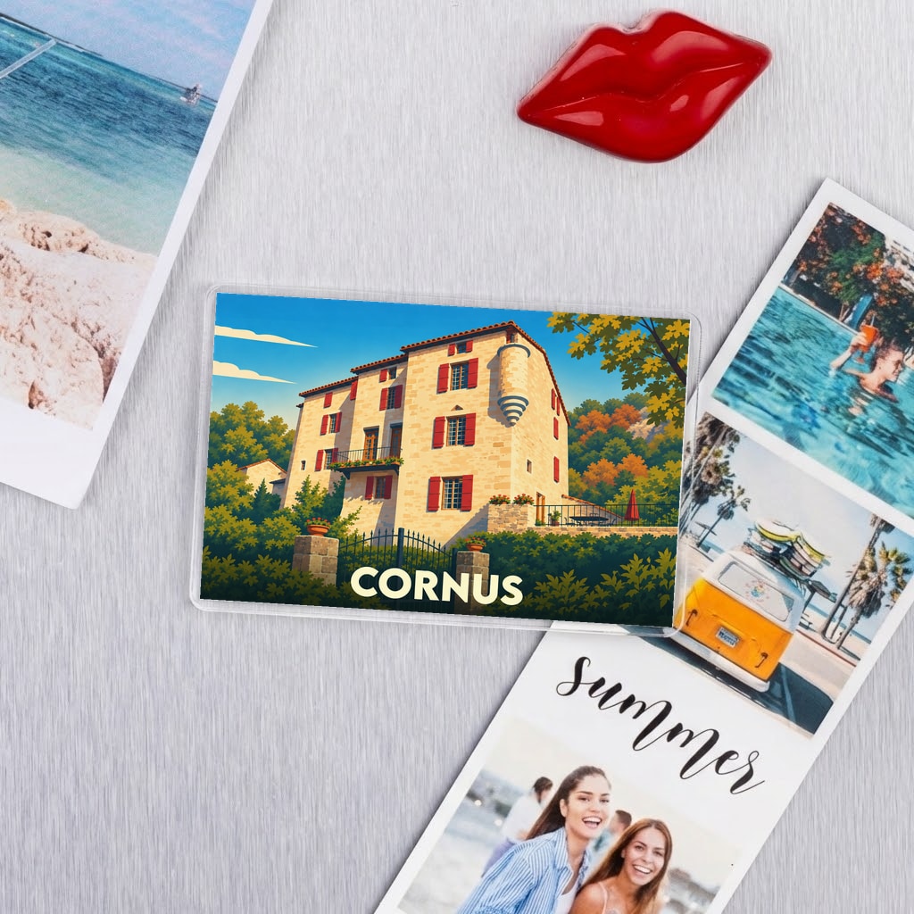 Magnet souvenir de la ville de Cornus avec une illustration stylisée d'une bâtisse provençale.